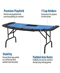 Rbied 72" Foldable Poker Table for 7 Players with Chip Tray and Cup Holders, Blue Mdf Blackjack Card Padded Rails Game Room-Rbied