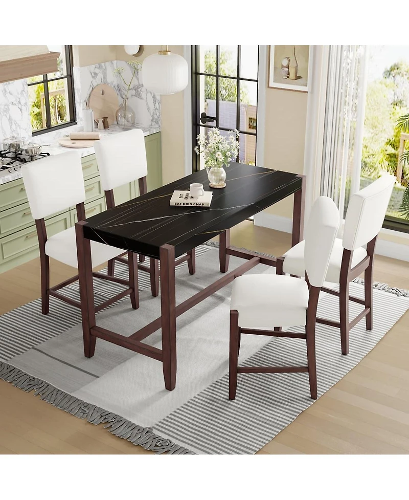 5-Piece Counter Height Dining Set, Faux Marble Table and 4 Upholstered Chairs for Small Spaces or Room-Maison Boucle