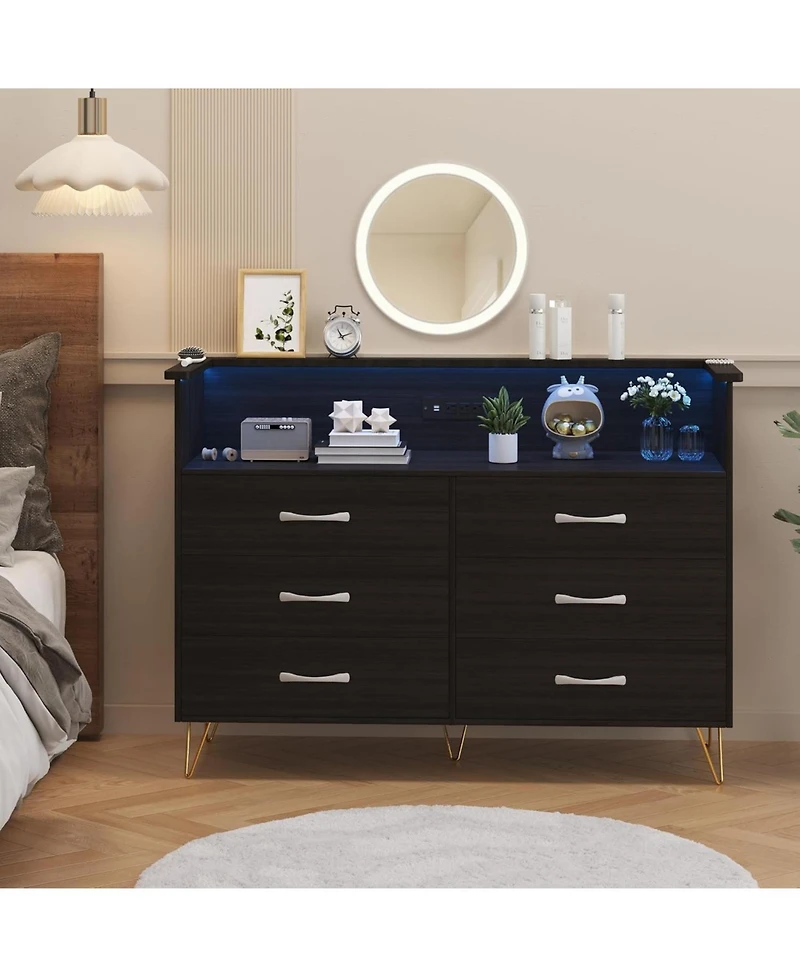 gaomon 6-Drawer Bedroom Dresser with Led Lighting and Power Outlet Wide Modern Chest 2-Tier Open Storage for Living Room Hallway or Entryway