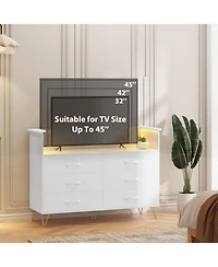 gaomon 6-Drawer Bedroom Dresser with Led Lighting and Power Outlet Wide Modern Chest 2-Tier Open Storage for Living Room Hallway or Entryway