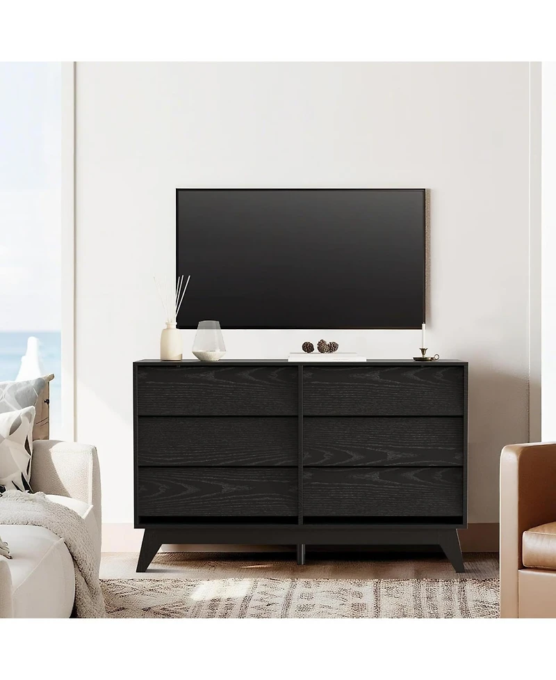 Gaomon Fluted 6-Drawer Dresser With Faux Marble Top, Modern Curved Tv Stand,Sturdy Storage Cabinet for TVs Up to 55"