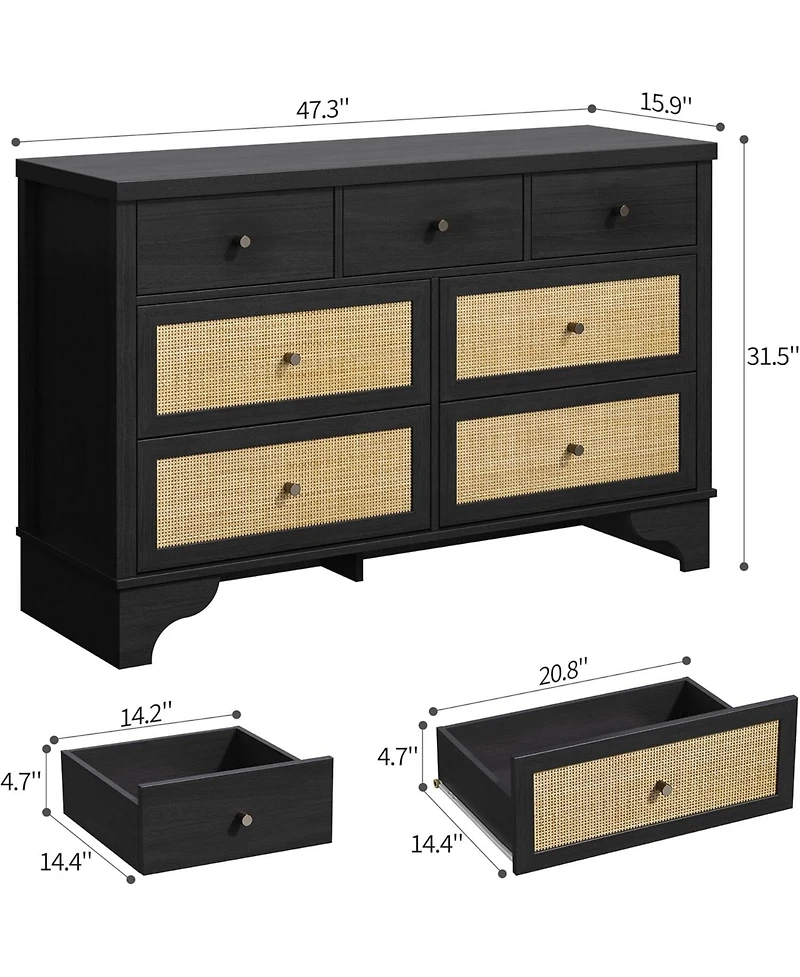 gaomon 47.3" Wide 7-Drawer Bedroom Dresser, Modern Wood Chest with Natural Rattan Drawers for Living Room, Hallway, or Entryway