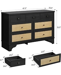 gaomon 47.3" Wide 7-Drawer Bedroom Dresser, Modern Wood Chest with Natural Rattan Drawers for Living Room, Hallway, or Entryway
