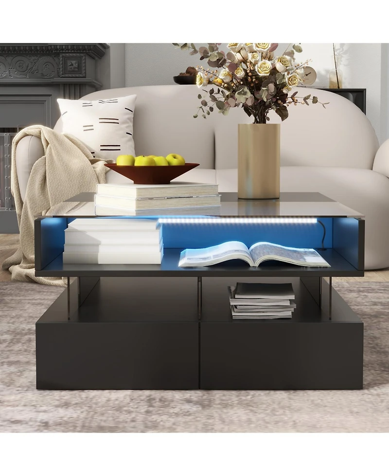 Streamdale Furniture Lift-Top Coffee Table w/ Drawers Glass Top & Led