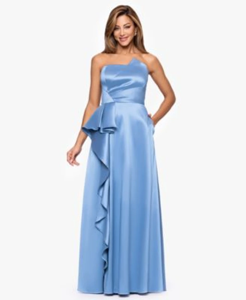 Xscape Womens Strapless Side Ruffle Satin Ball Gown