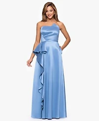 Xscape Womens Strapless Side Ruffle Satin Ball Gown