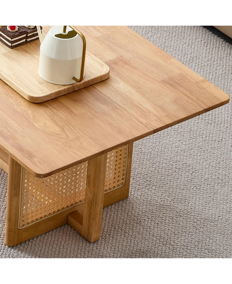 47.24" Rectangular Solid Wood Coffee Table with Imitation Rattan Design, for Living Room