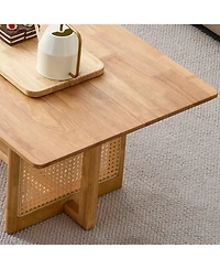 47.24" Rectangular Solid Wood Coffee Table with Imitation Rattan Design, for Living Room