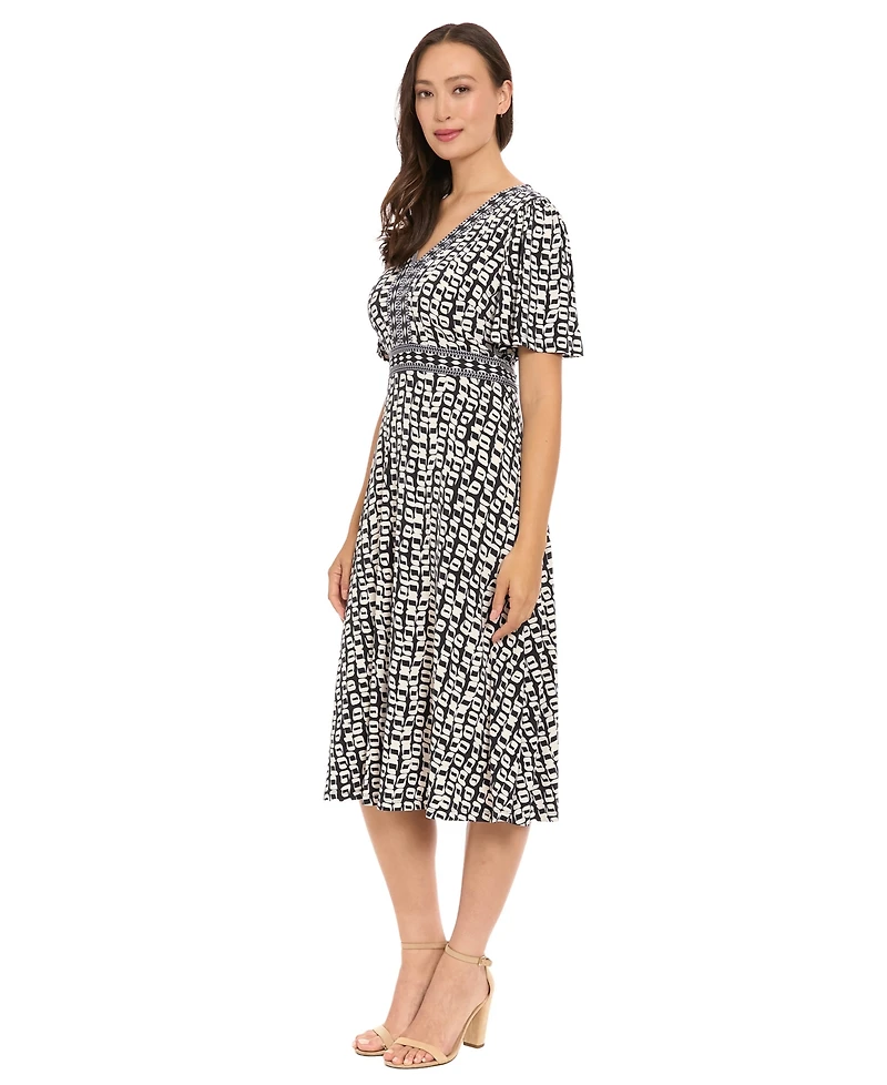 London Times Women's Framed V-Neck Flutter-Sleeve Flare Dress