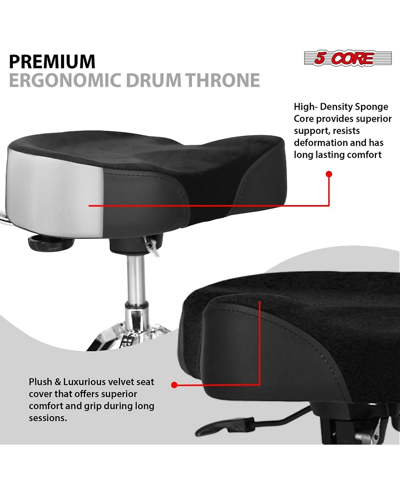 5 Core Drum Throne w Backrest 4" Padded Stool Airlift 25" Adjustable Drummer 441Lb Capacity