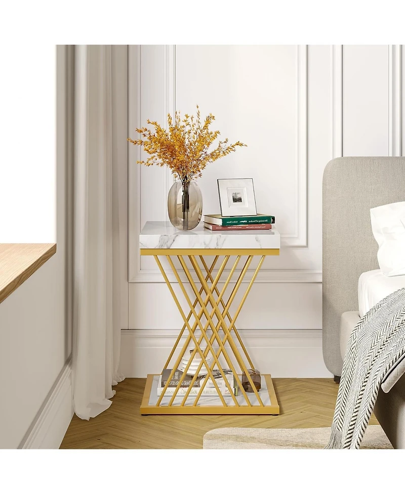 Tribesigns Square End Table White Gold 2-Tier Side Table (2, Faux Marble White+Gold)