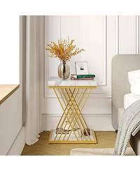 Tribesigns Square End Table White Gold 2-Tier Side Table (2, Faux Marble White+Gold)
