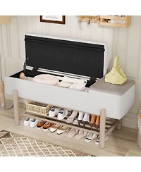 Clihome Farmhouse Upholstered Storage Bench with Hidden Compartment, Modern Entryway Bench for Living Room, Entryway, and Hallways