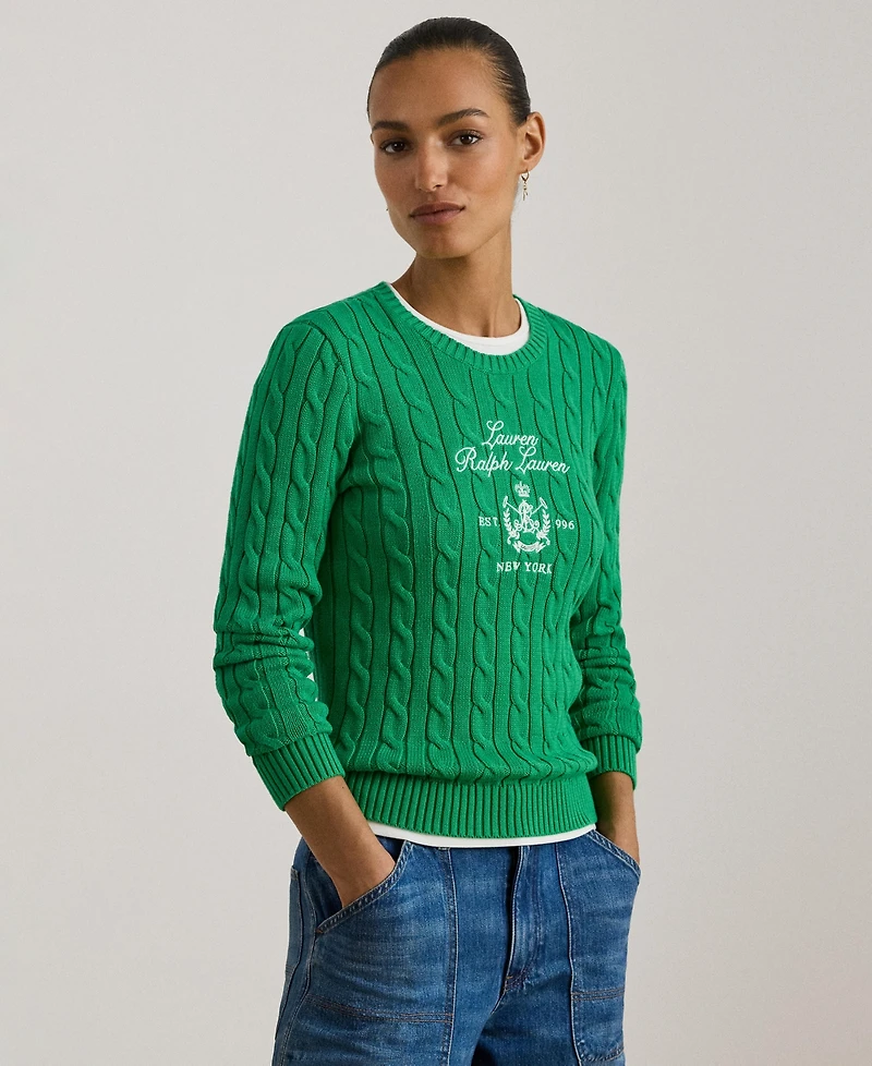 Lauren Ralph Women's Embroidered-Crest Cable-Knit Sweater