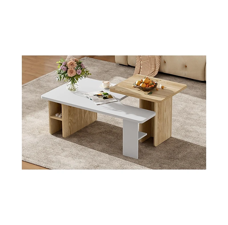 Lovmor Set of 2 Farmhouse Rectangular Nesting Coffee Tables with Wood Finish for Living Room