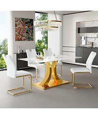 Streamdale Furniture Marble-Veined Glass Dining Set w/ Gold Accents: 63" Table & 4 U-Chairs