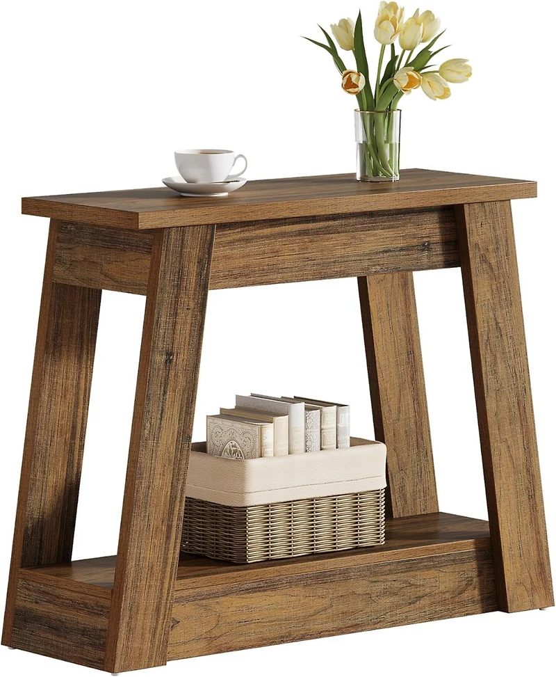 Tribesigns Wood End Table, Small Side Table with 2 Storage Shelves, Rustic Accent Narrow Nightstand for Living Room, Bedroom (1)