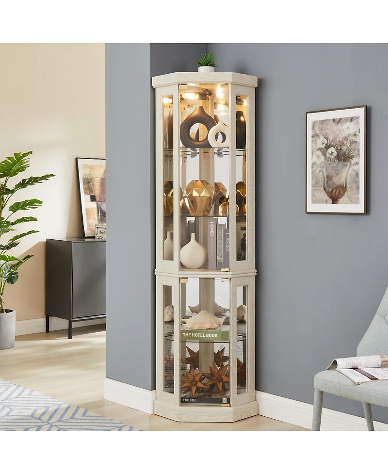 Lovmor Elegant Corner Curio Cabinet with Glass Doors Mirrored Panels and Adjustable Shelves