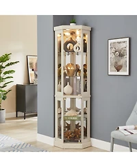 Lovmor Elegant Corner Curio Cabinet with Glass Doors Mirrored Panels and Adjustable Shelves