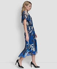 Dkny Women's Short Flutter Sleeve V Neck Smocked Waist Floral Midi Dress