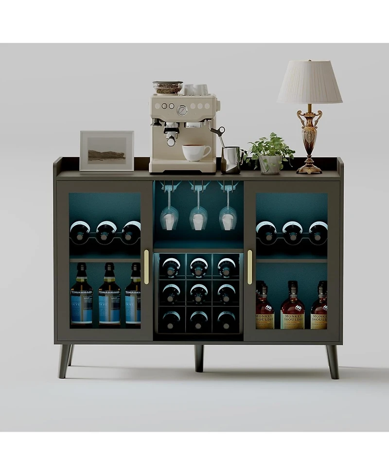 gaomon Freestanding Wine Bar Cabinet with Wine Rack and Led Light, Kitchen Sideboard and Buffet Cabinet Coffee Bar with Glass Holder, with Glass Door