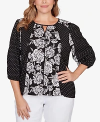 Ruby Rd. Plus Floral Panel Crinkle Knit Peasant Top
