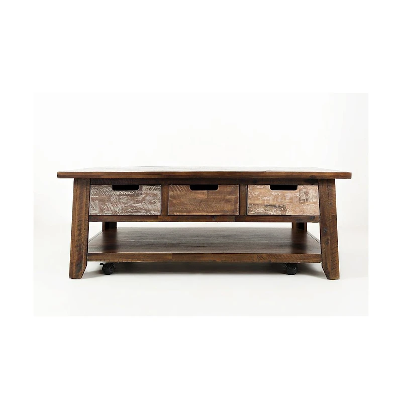 Jofran Rustic Solid Acacia 50" Coffee Table with Pull Through Drawers and Caster Wheels