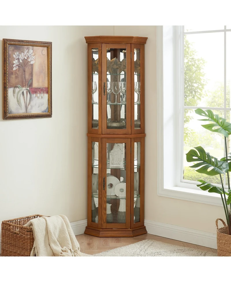 Streamdale Furniture Lighted Corner Curio Cabinet - Glass Display Shelf - Oak