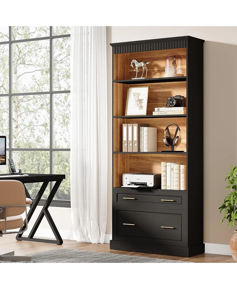 Tribesigns 2-Drawer Vertical File Cabinet, Modern Black Filing Cabinet with 5-Tier Bookshelf, Large Printer Stand