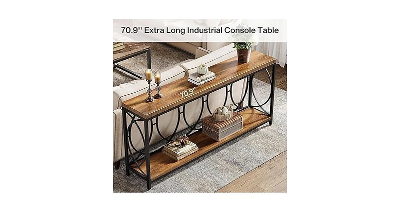 Tribesigns 70.9-Inch Extra Long Console Table, 2-Tier Industrial Table Behind Couch with Storage Shelf, Narrow Entryway