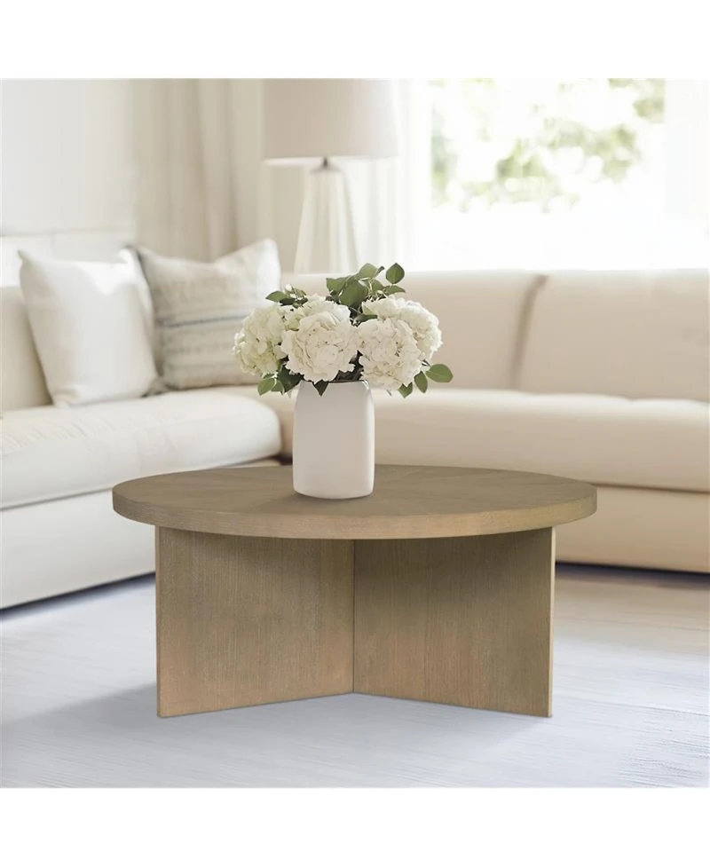 Lovmor Round Coffee Table with Starburst Veneer Top, Reclaimed Greige Wood Finish, Modern Living Room Design