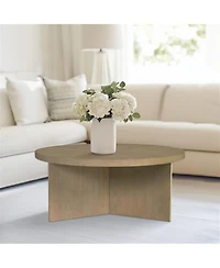 Lovmor Round Coffee Table with Starburst Veneer Top, Reclaimed Greige Wood Finish, Modern Living Room Design