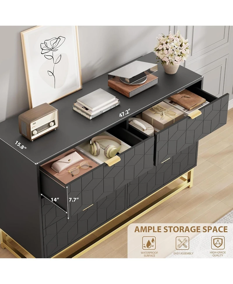 Gaomon 47.2" Wide Modern 6 Drawer Dresser, Chest with Gold Metal Legs & Handles, Wood Storage Organizer for Bedroom, Living Room
