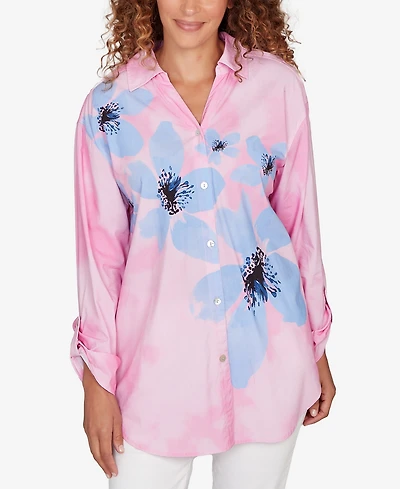 Ruby Rd. Petite Watercolor Floral Collared Top