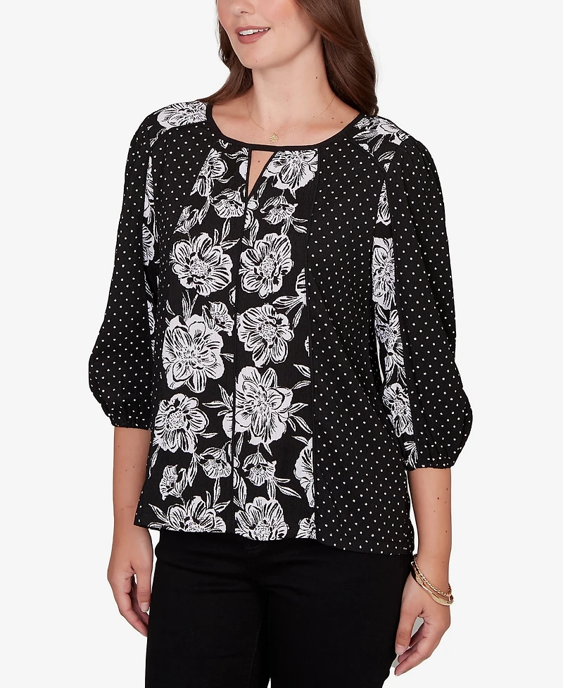 Ruby Rd. Petite Floral Panel Crinkle Knit Peasant Top