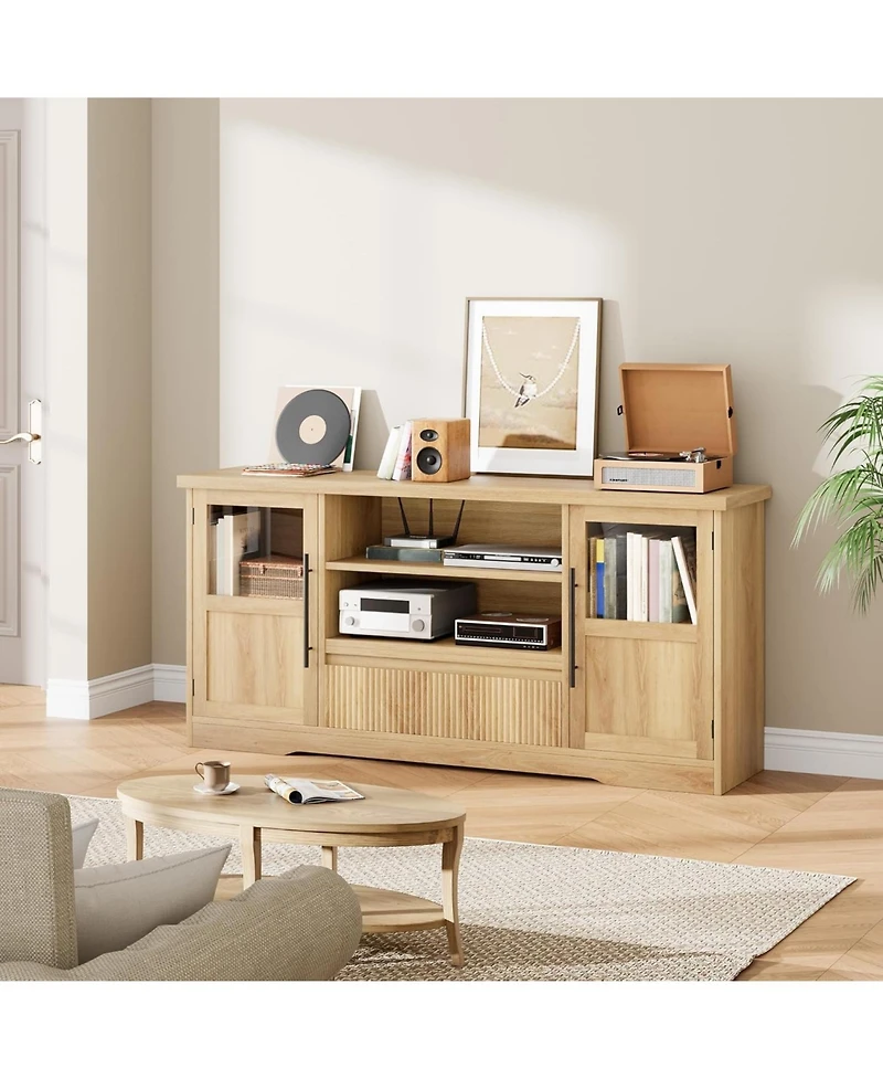 gaomon 72" Tv Stand, Farmhouse Entertainment Center with Wave Pattern, 2 Glass Door Cabinets & Open Storage, Media Console