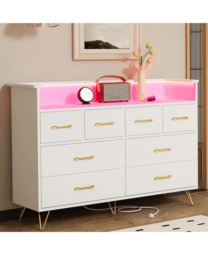 Gaomon 8 Drawer Dresser with Led Light and Charging Station Modern Wooden Chest of Drawers with Open Shelf for Bedroom Living Room