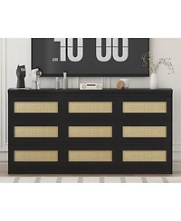 Gaomon 63 Inch Rattan 9 Drawer Dresser, Modern Farmhouse Chest of Drawers