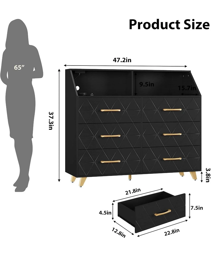 gaomon 47" Pink Dresser with 6 Drawers, Lighted Modern Chest Cabinet Storage Shelf and 5 Metal Legs for Bedroom or Living Room