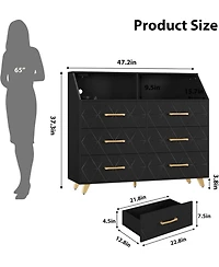 gaomon 47" Pink Dresser with 6 Drawers, Lighted Modern Chest Cabinet Storage Shelf and 5 Metal Legs for Bedroom or Living Room