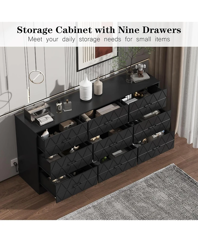 gaomon 9 Drawer Dresser, 63'' Dresser for Bedroom with Power Outlet, Modern Hallway, Living Room