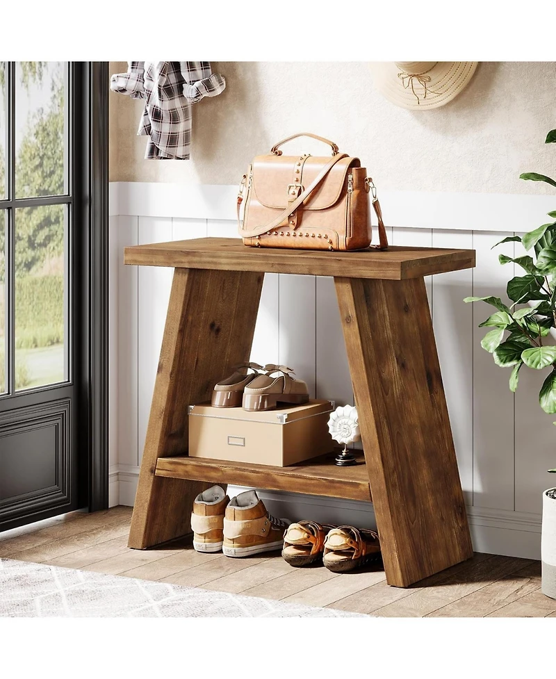 Tribesigns Solid Wood End Table Set of 2, Narrow Small Side Table with 2-Tier Storage