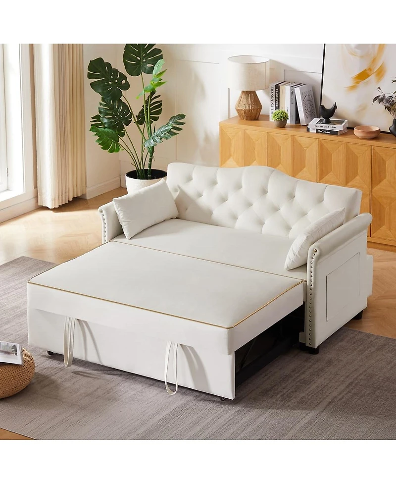 Maison Boucle Velvet Pull Out Sofa Bed with Nailhead Arms, Sleeper Sofa with Tufted Back for Small Spaces, Guest Room, Living Room