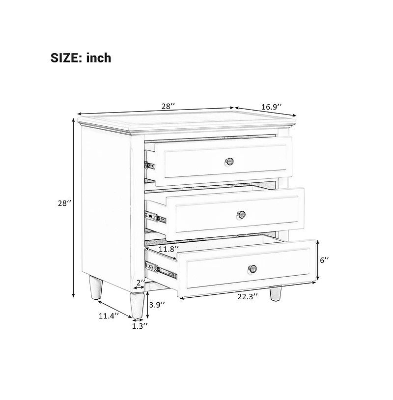 Cesicia Nightstand with 3 Drawers Modern Bedside Table Smooth Gliding Rails & Metal Handle