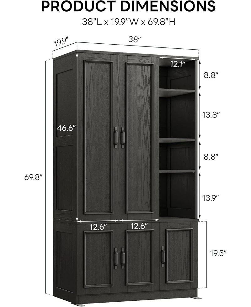 Likimio Black Armoire Wardrobe Closet 70" H, 5 Doors Bedroom Wooden Wardrobe with 4 Storage Shelves and Hanging Rod