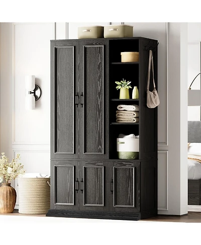 Likimio Black Armoire Wardrobe Closet 70" H, 5 Doors Bedroom Wooden Wardrobe with 4 Storage Shelves and Hanging Rod