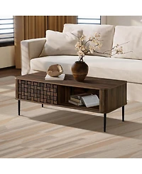 LuxenHome Dark Oak with Basket Weave Design Manufactured Wood 1-Sliding Door Coffee Table