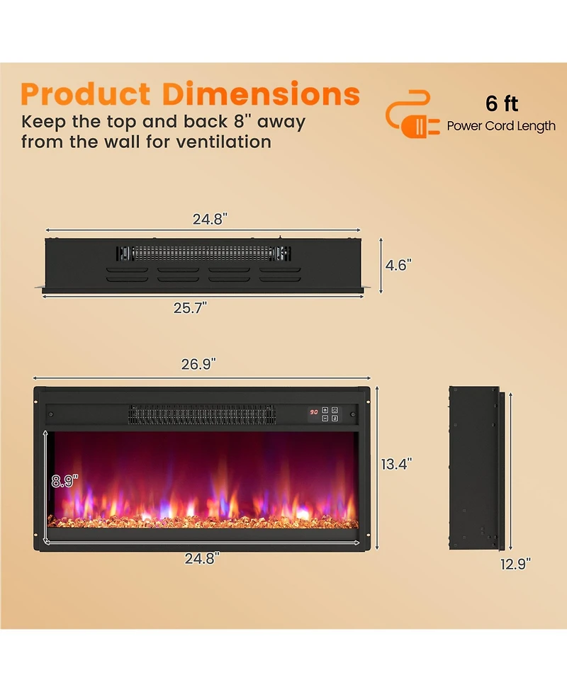 Sugift 26 Inch 1500W Electric Fireplace Insert with Remote Control