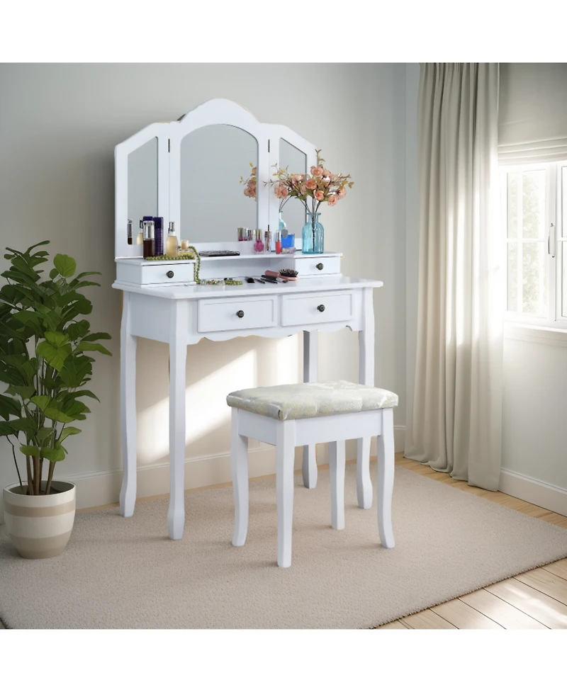 Streamdale Furniture Streamdale Sanlo Wooden Vanity Make Up Table and Stool Set, White