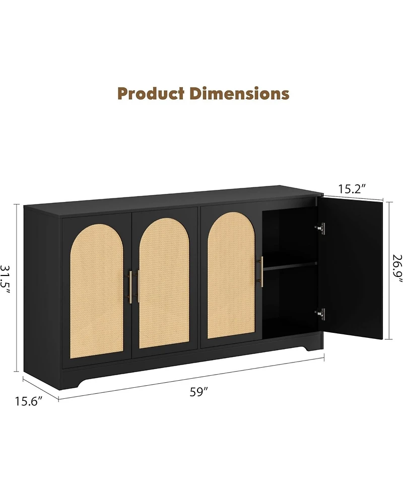 gaomon 59" Sideboard Buffet Cabinet - Large Credenza Storage with 4 Rattan Doors, Modern Console Table Accent Coffee Bar